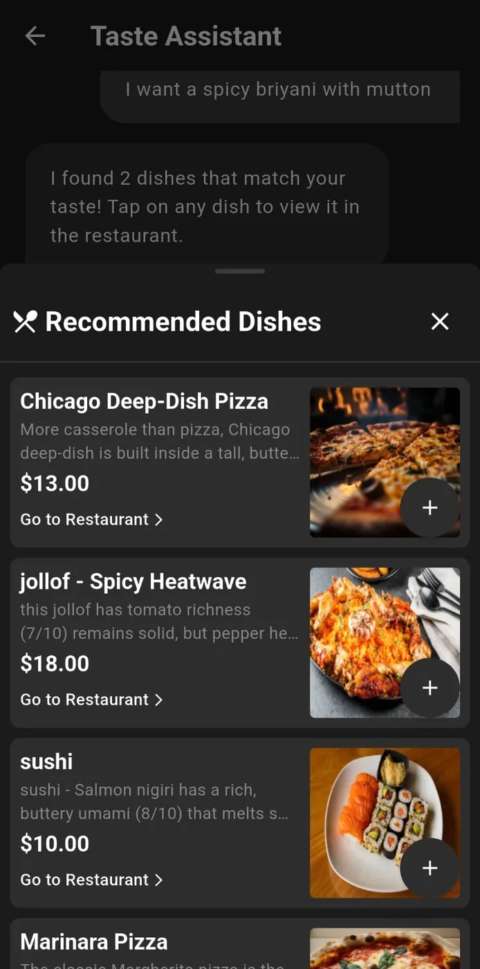 Recommendations returned inline, tappable straight through to the dish.