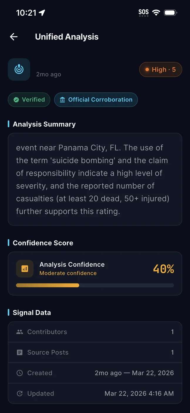 Unified analysis — the LLM's summary, shown with its confidence score rather than hidden behind it.