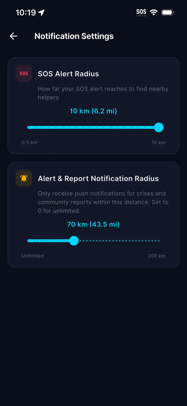 Separate radii for SOS and for ambient alerts.