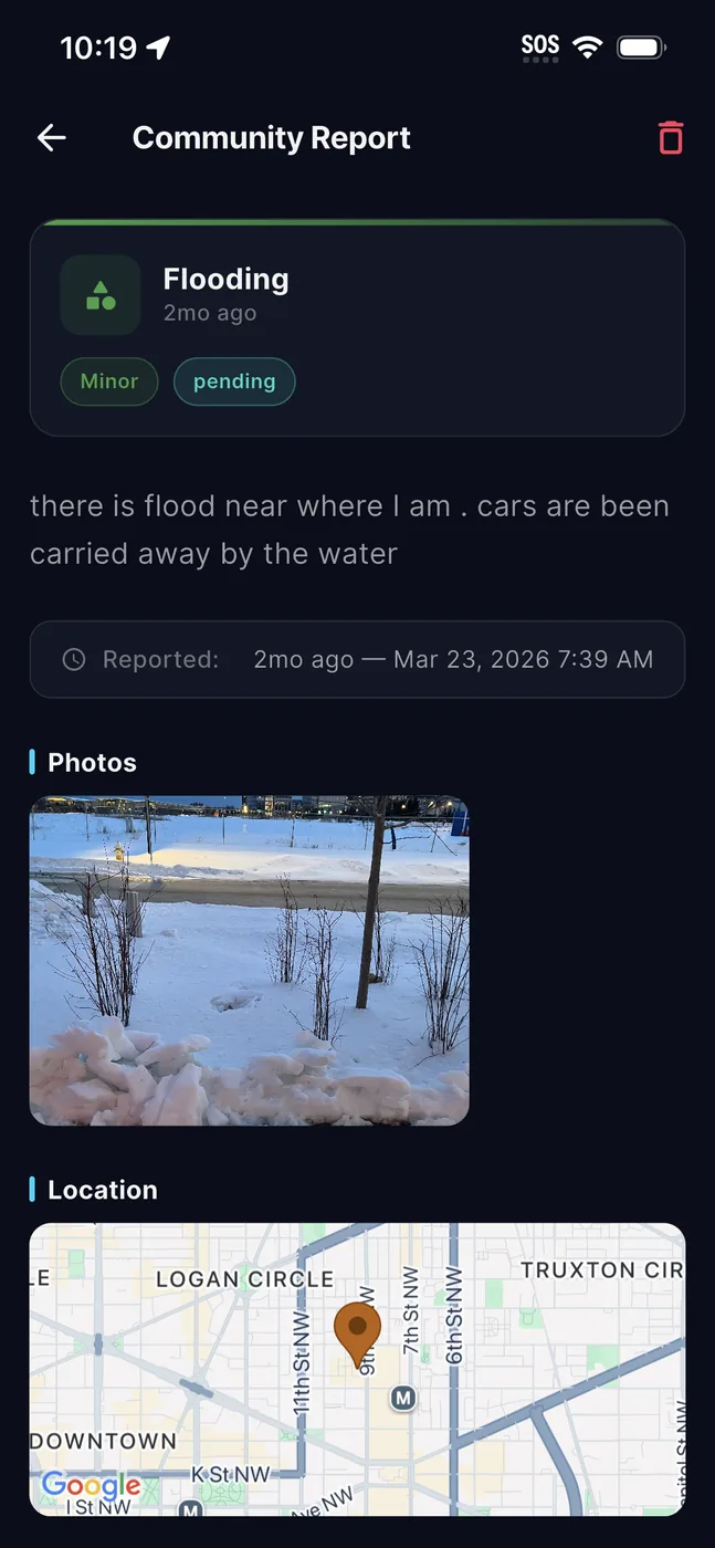 A community report with photos and location.