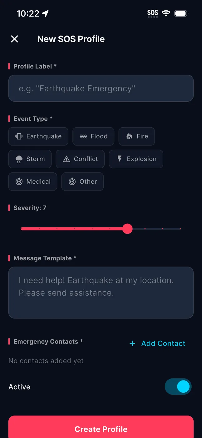 Pre-built SOS profiles, so the message is already written when seconds matter.