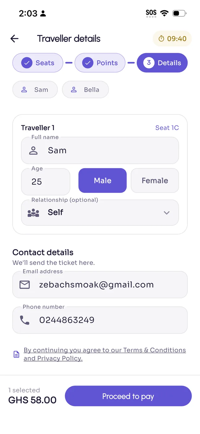 Trip detail with stops and timing.