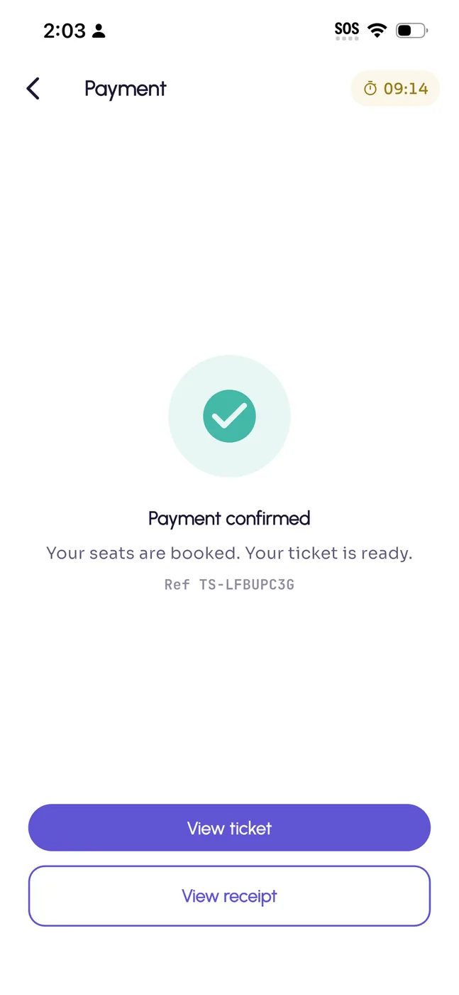 Payment confirmed — the ticket is issued immediately.