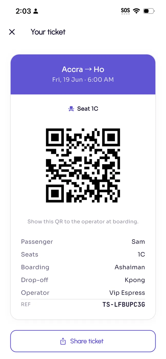 The QR ticket, which boards offline.